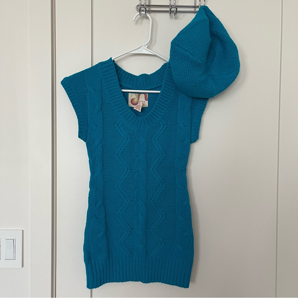 Blue V-Neck Sweater & Beret Set | Y2K Knit Outfit | Women’s XS
